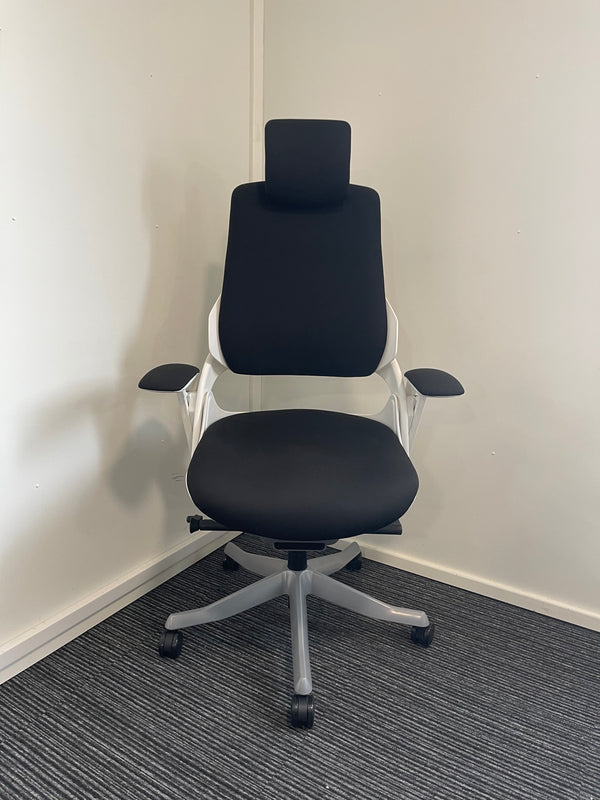 Zure White Frame Black Fabric High Back Chair With Headrest & Arms