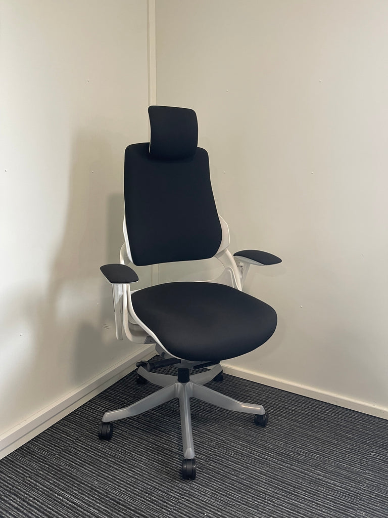 Zure White Frame Black Fabric High Back Chair With Headrest & Arms