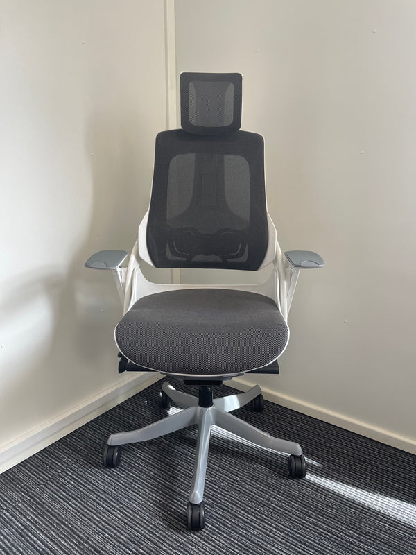 Zure White Frame Charcoal Mesh High Back Chair With Headrest & Arms