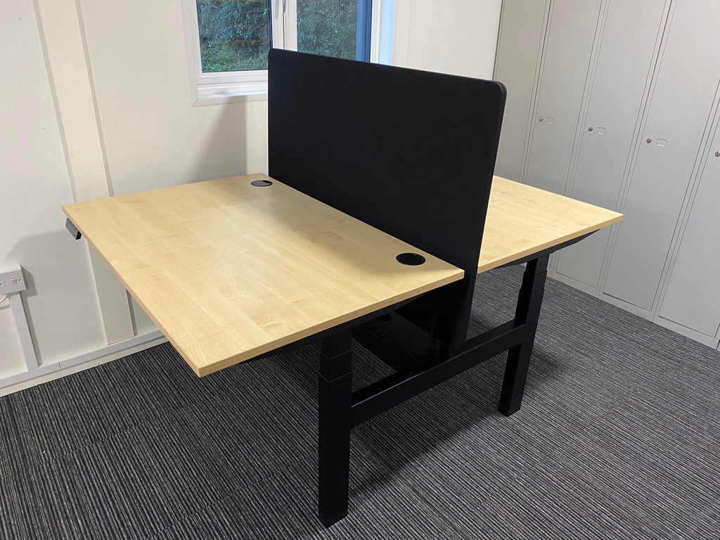 Air Back-to-Back Height Adjustable Desk 120x164cm Maple Wood Tops with Black Frame & Black Screen - 2 Person