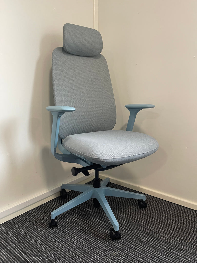 High Back Ergonomic Posture Chair Light Blue Fabric Seat Mesh Back With Headrest & Arms