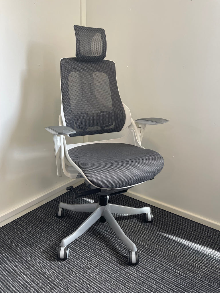 Zure White Frame Charcoal Mesh High Back Chair With Headrest & Arms