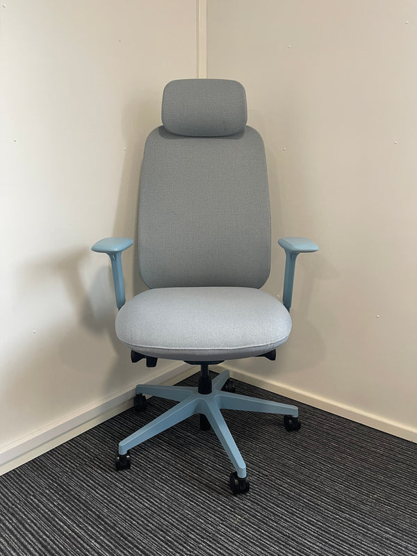 High Back Ergonomic Posture Chair Light Blue Fabric Seat Mesh Back With Headrest & Arms